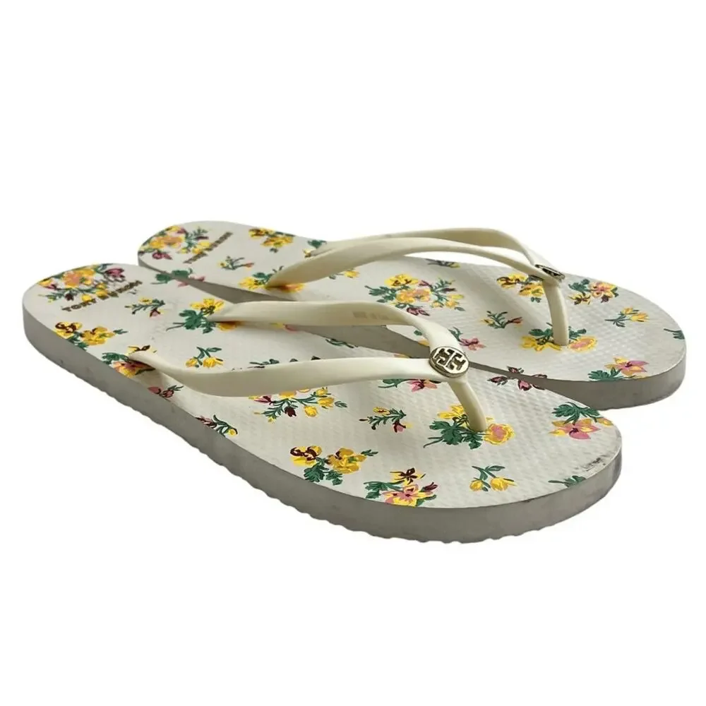 Womens Tory Burch Rubber Flip Flop Sandal 11M White Floral Beach Casual Outdoor